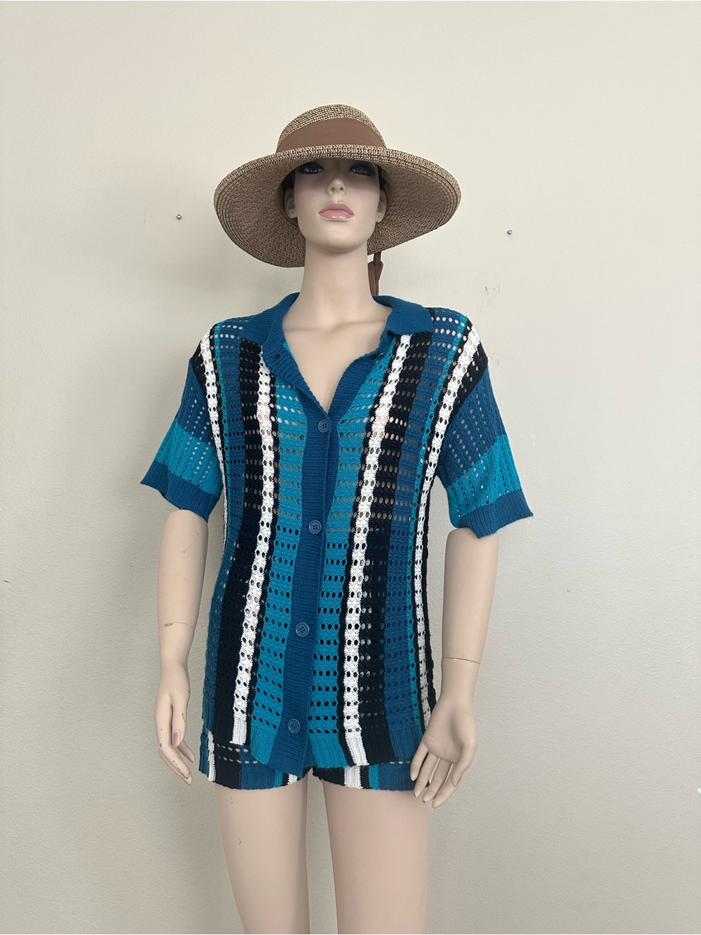 Blue Striped Crochet Knit 2-Piece Set: Button Up Polo & Shorts/Matching Sets